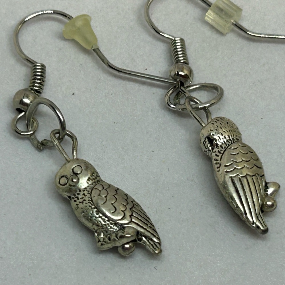 Owl Silvertone‎ Dangle Fishhook Earrings